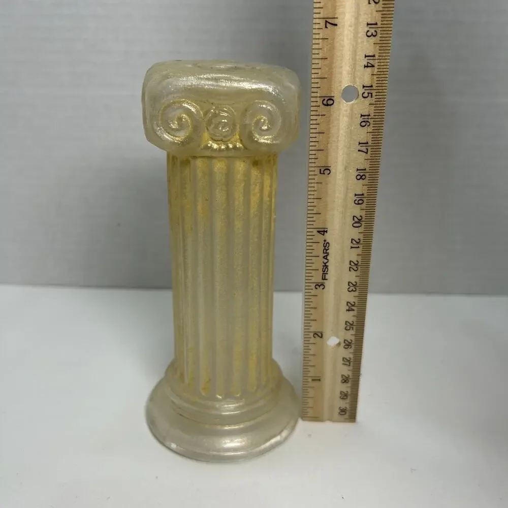 Vtg Gold Frosted Clear Glass Ionic Neo-Classical Greek Roman Column Candlestick
